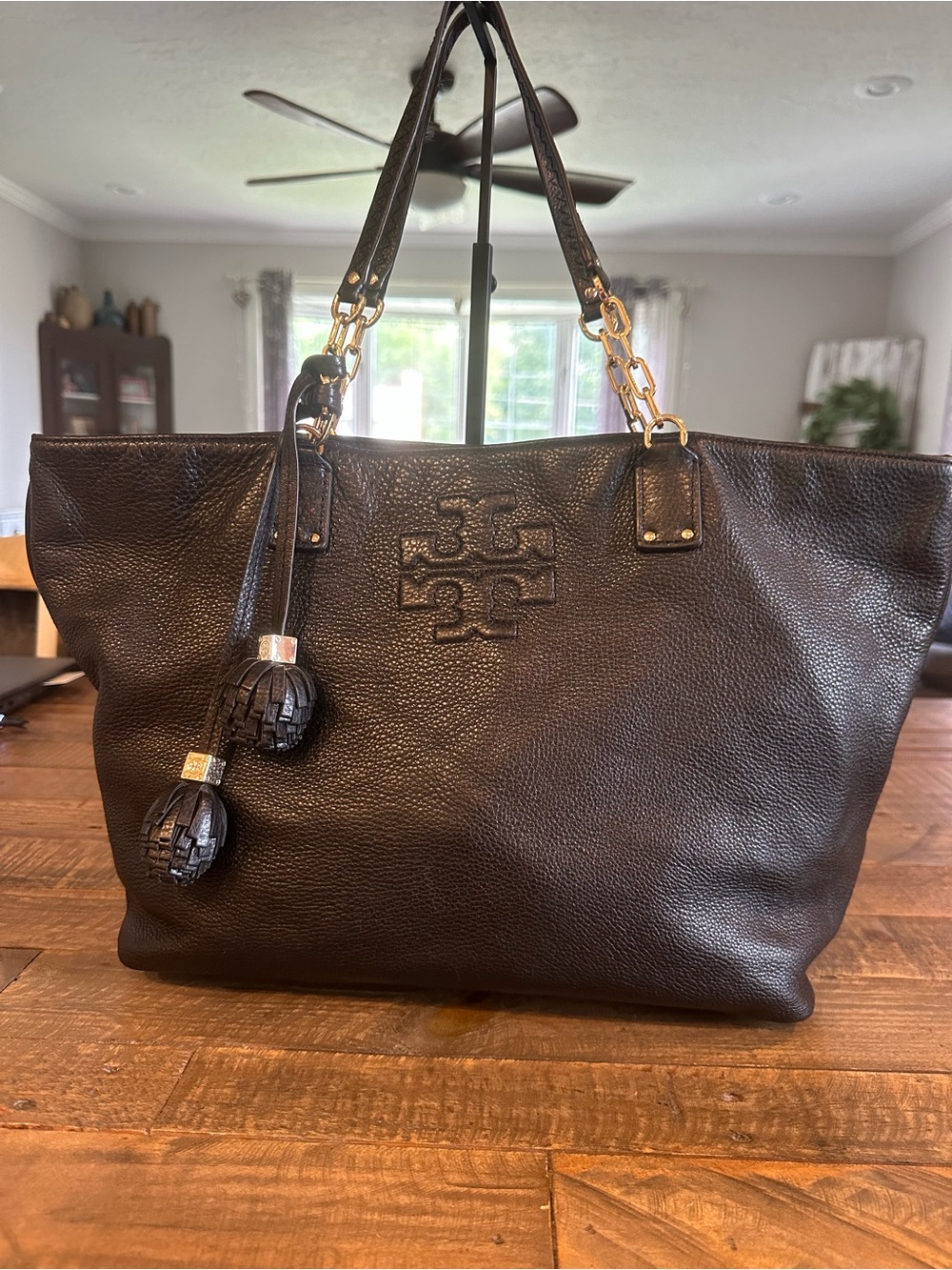 Tory Burch Thea Black Leather Large Tote with Tassels